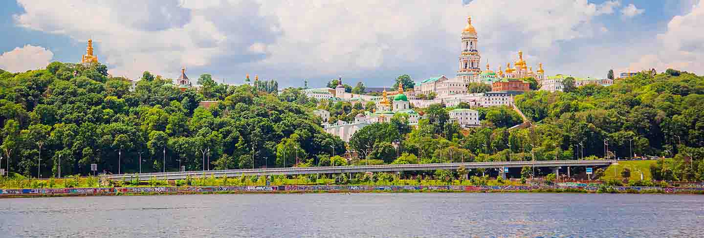 Morning in the capital of ukraine, the city of kiev overlooking the pechersk lavra