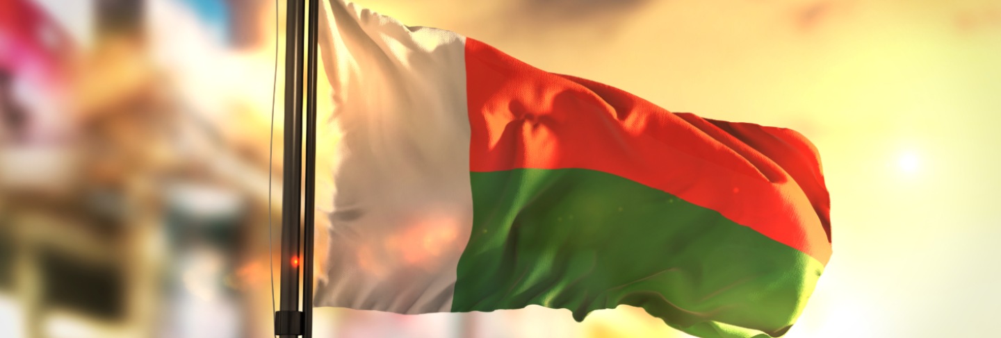 Madagascar flag against city blurred background at sunrise backlight