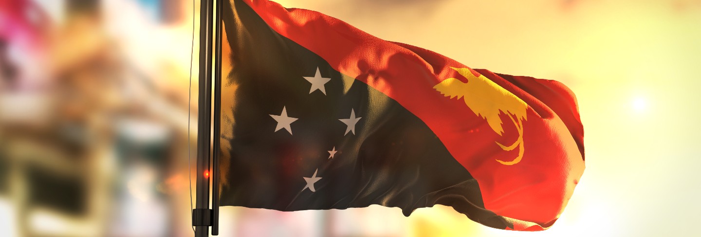 Papua new guinea flag against city blurred background at sunrise backlight