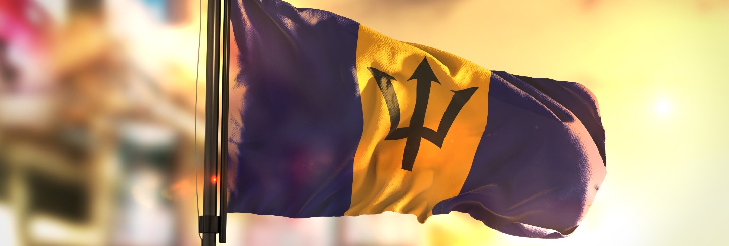 Barbados flag against city blurred background at sunrise backlight
