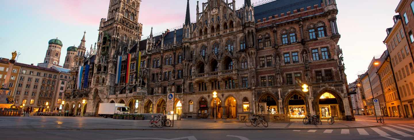 Night panorama of marienplatz and munich city hall in munich, germany
