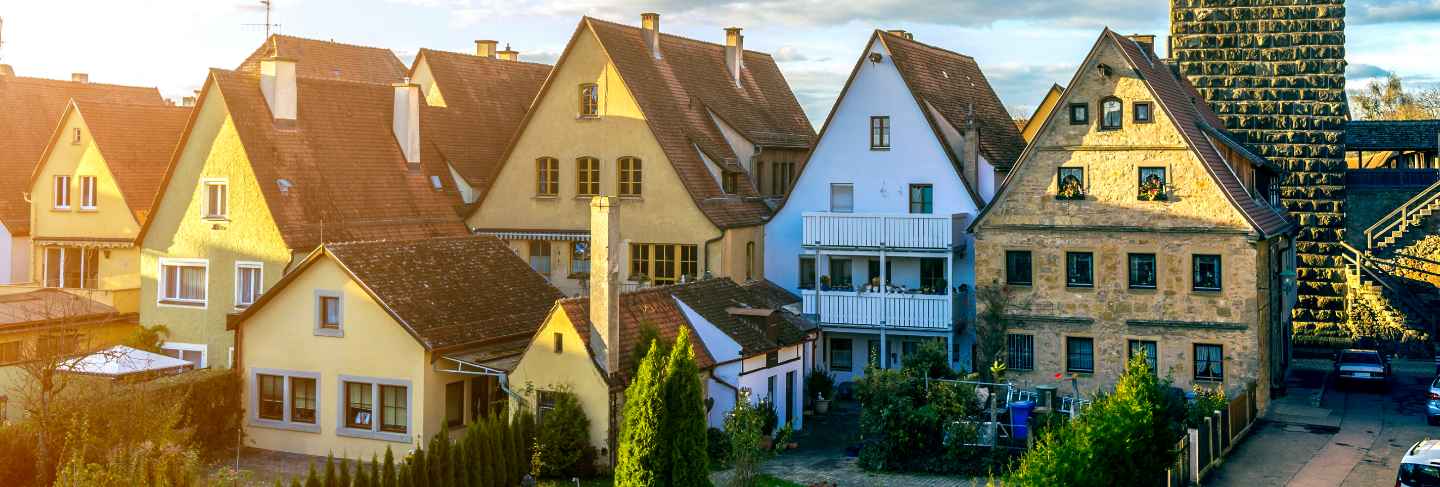 Rothenburg ob der tauber, germany. top view of picturesque town on bright blue sky
