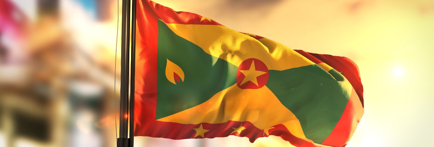 Grenada flag against city blurred background at sunrise backlight