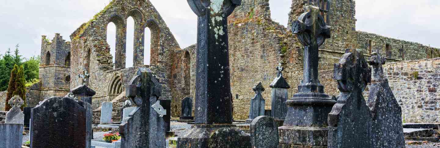 Landscapes of ireland. cemetery of cong abbey in galway county
