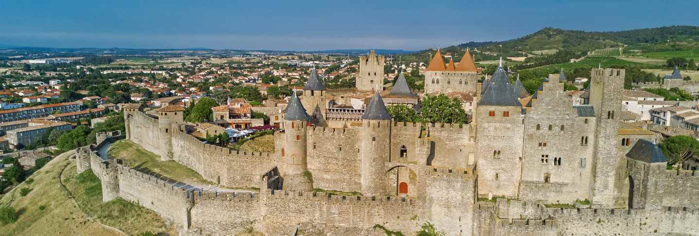 Aerial view of carcassonne medieval city and fortress castle
