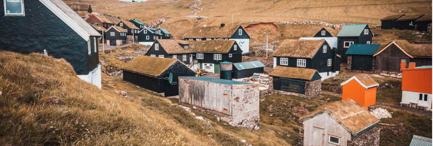 Group of houses with grass roof in the village of mykines
