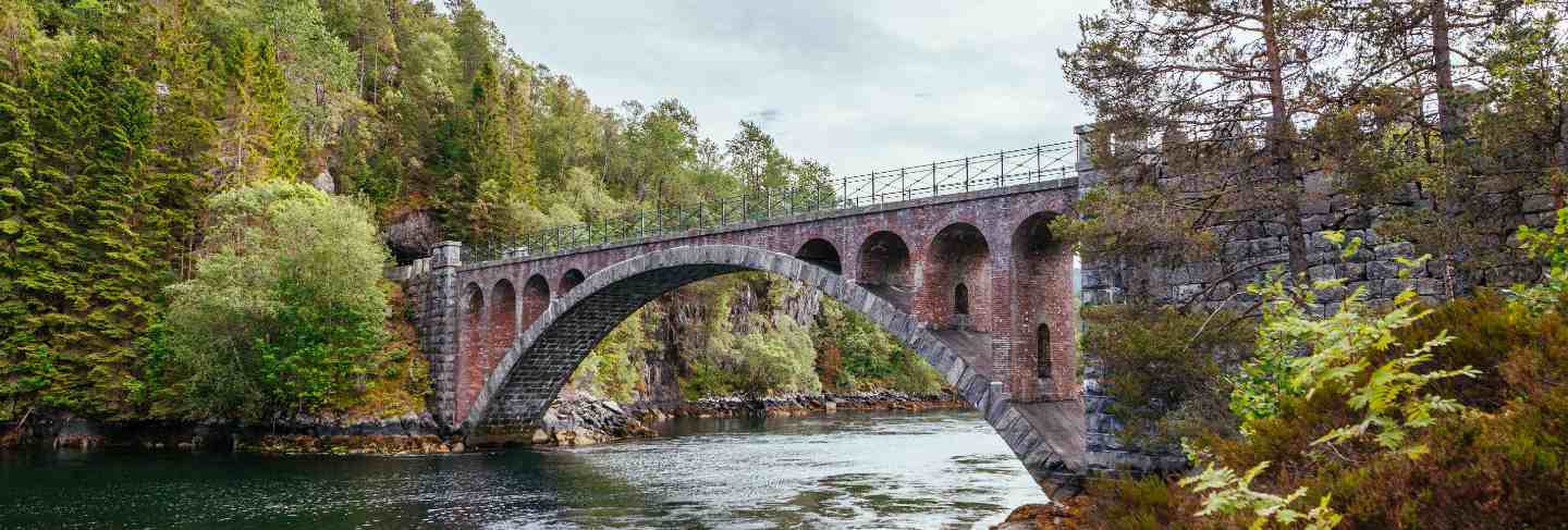 Old foot bridge over the river near alesund;
