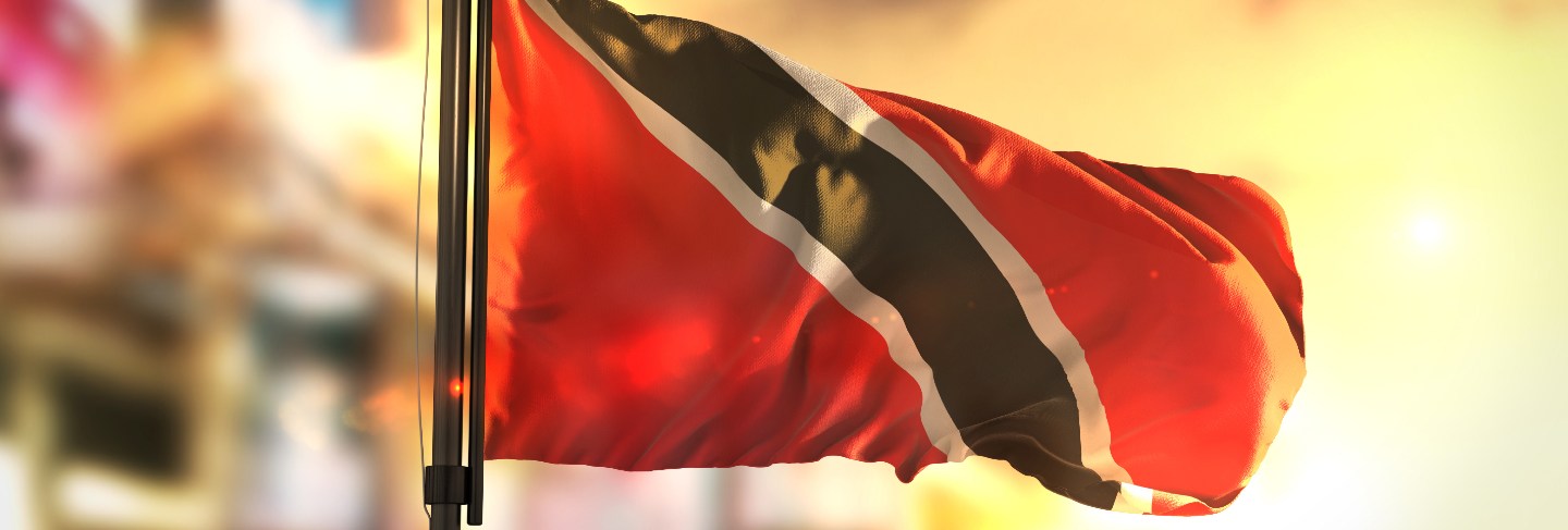 Trinidad and tobago flag against city blurred background at sunrise backlight