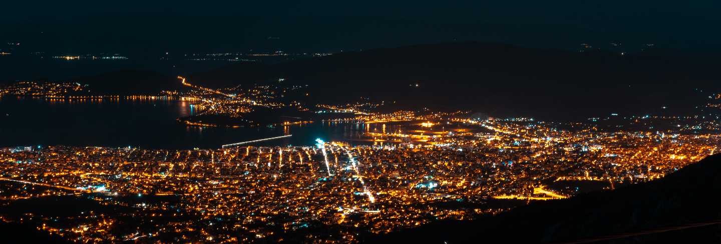 Night lights of the city from a bird's-eye view. Makrinitsa
