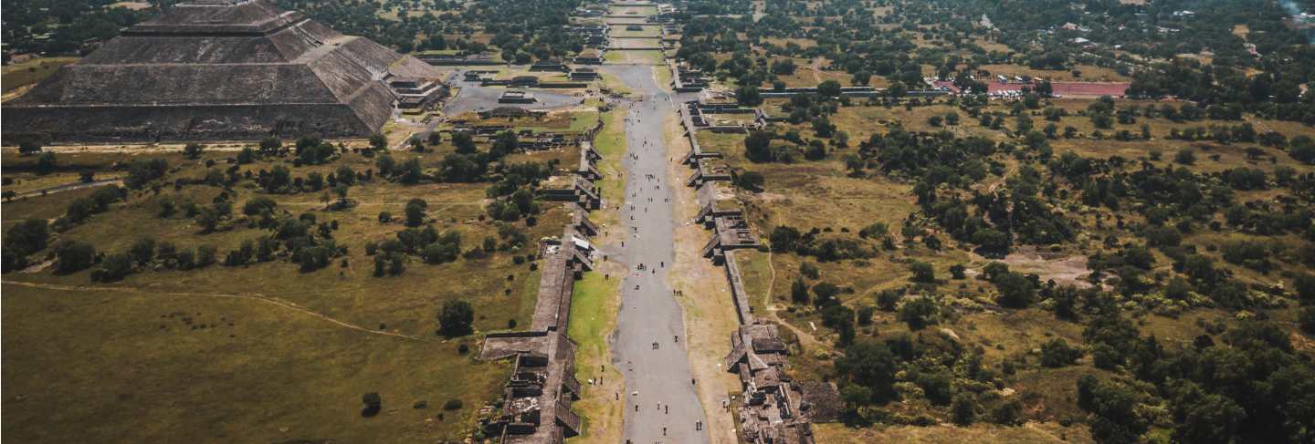 Aerial view of pyramid of the sun. teotihuacan. mexico. view from the pyramid of the moon.
