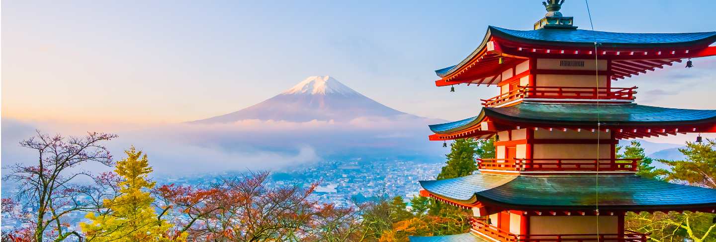 Beautiful landscape of mountain fuji with chureito pagoda around maple leaf tree in autumn season
