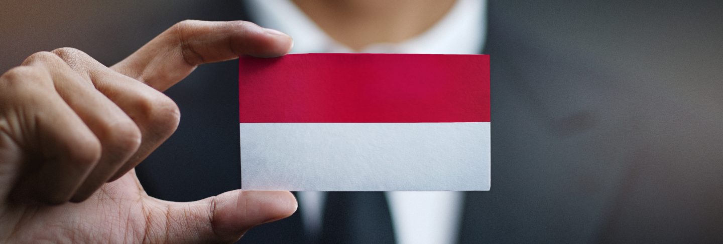 Businessman holding card of monaco flag