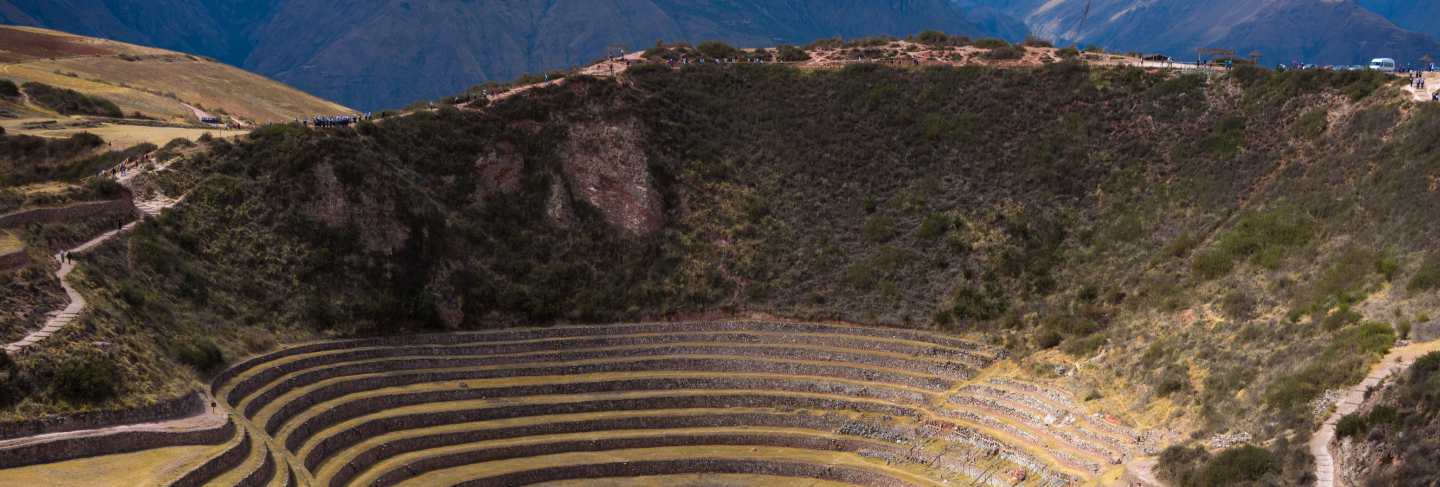 The archaeological site at moray, travel destination in cusco region and the sacred valley, peru. majestic concentric terraces, supposed inca's food farming laboratory. 
