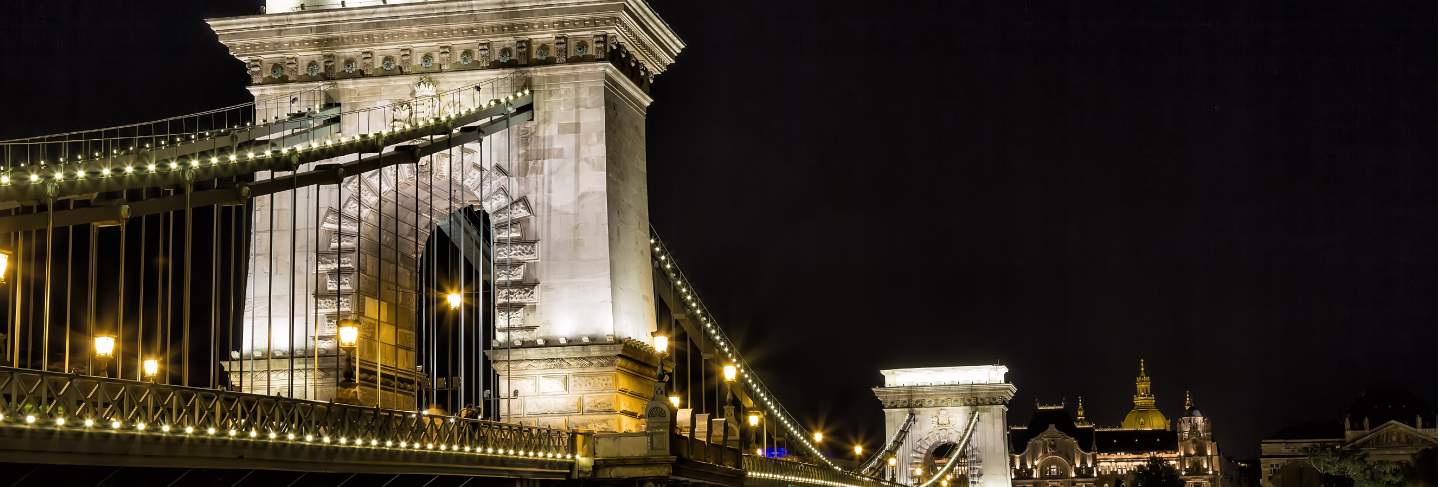 Szechenyi chain bridge at night in the city of budapest, hungary
