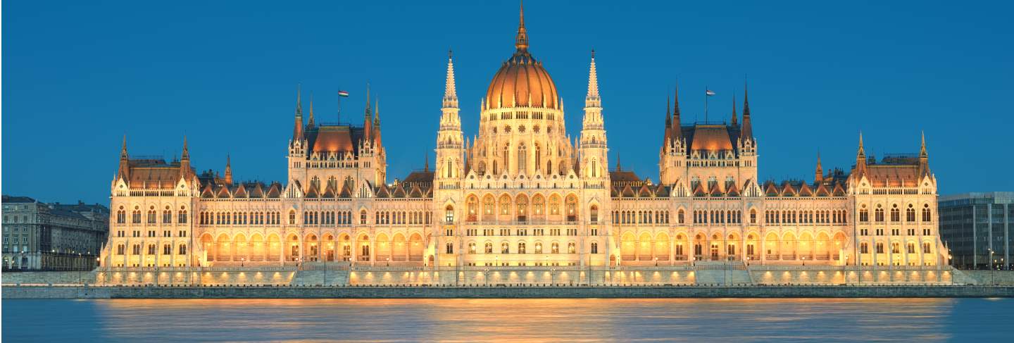 Parliament building in budapest, hungary in evening lights 
