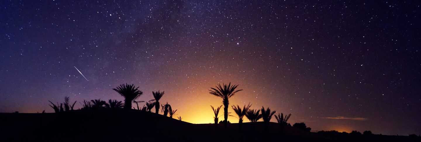 Morocco sahara desert starry night sky over oasis
