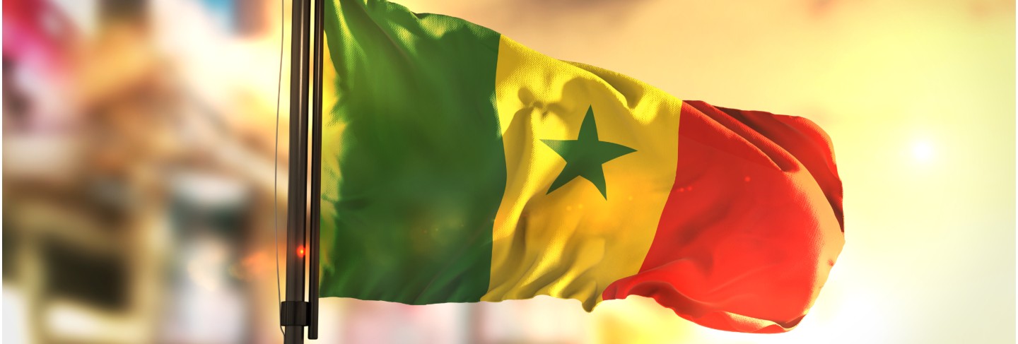 Senegal flag against city blurred background at sunrise backlight