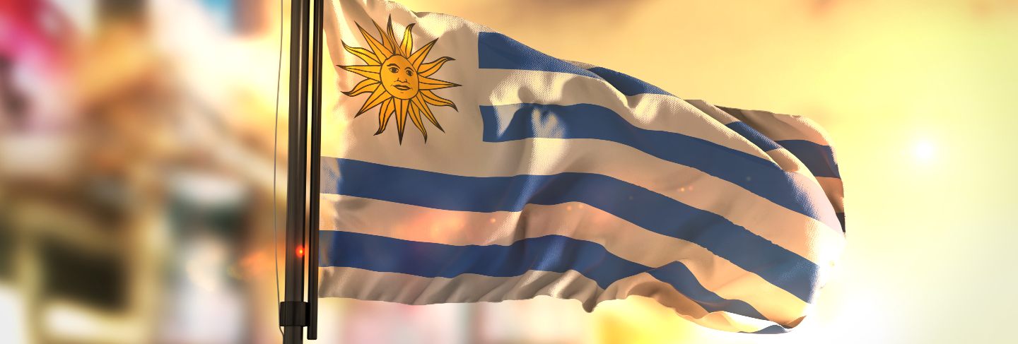 Uruguay flag against city blurred background at sunrise backlight
