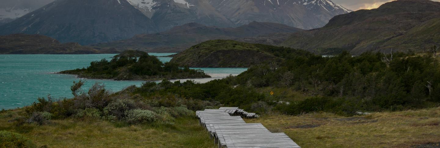 Boardwalk at lake pehoe, torres del paine national park, patagonia, chile
