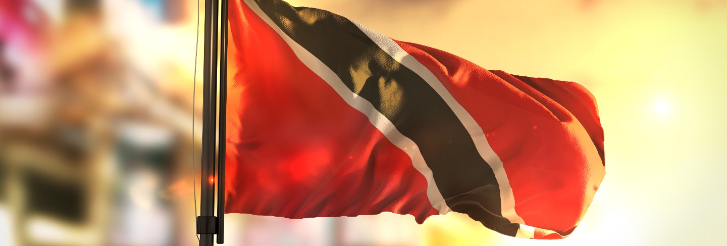 Trinidad and tobago flag against city blurred background at sunrise backlight
