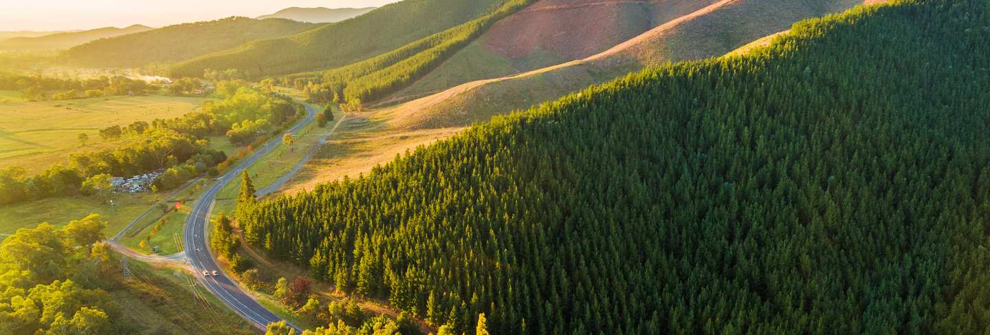 Winding road passing through beautiful australian countryside at sunset 
