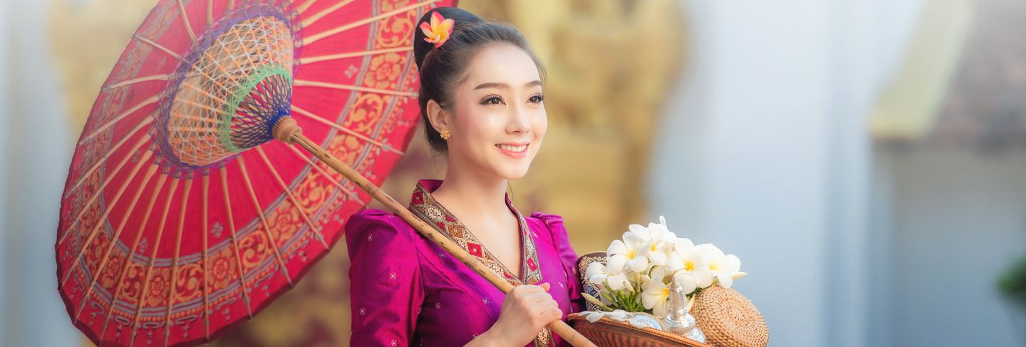 Beautiful laos girl in laos traditional costume, vintage style at vientiane, laos.
