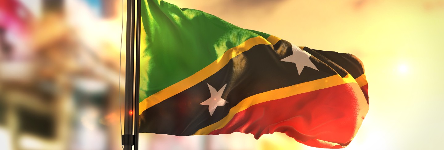 Saint kitts and nevis flag against city blurred background at sunrise backlight 
